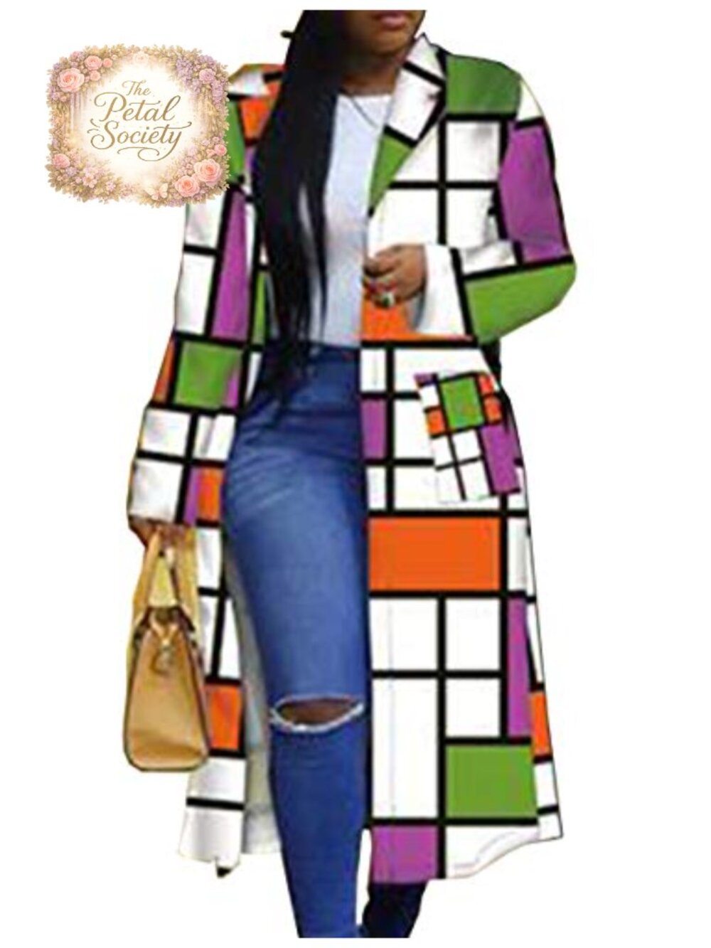 Women's Geometric Print Double Breasted Trench Coat Cotton Spandex